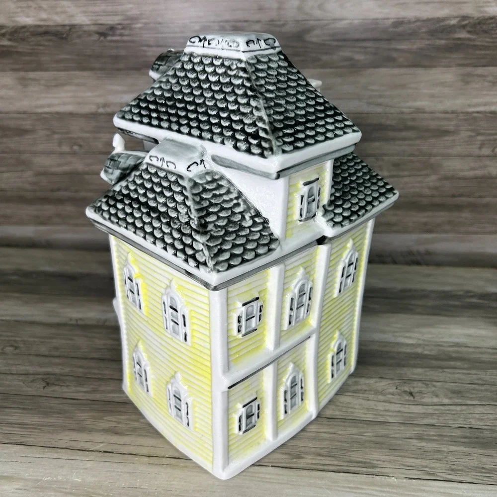 Vintage‎ Victorian House Cookie Jar Yellow Gray Roof Ceramic